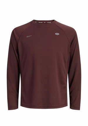 Langärmeliges Sportshirt mit Rundhalsausschnitt in dunklem Burgunderrot mit kleinen Logos auf der Brust und strukturierter Stoffoptik.