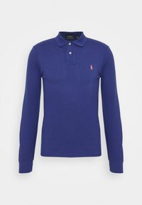 Navy blue long-sleeve polo shirt with collar, two white buttons, and small pink embroidered logo on left chest.