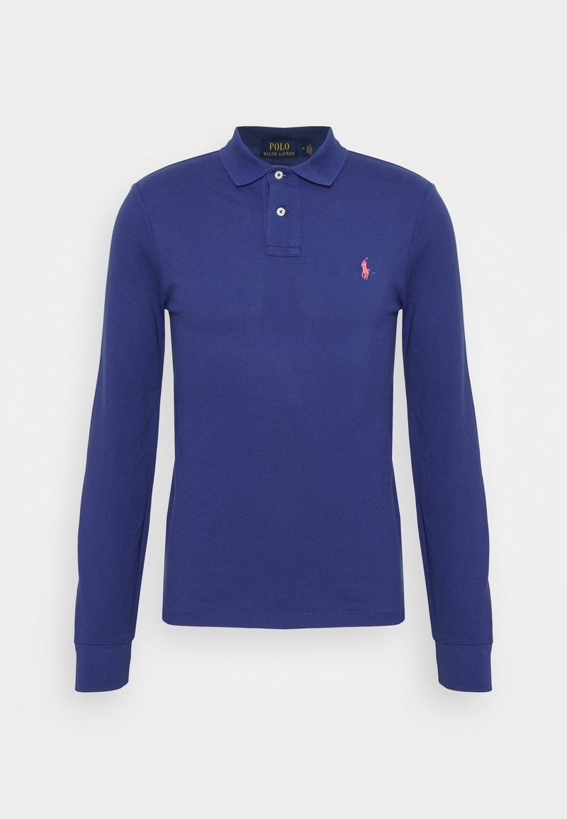Navy blue long-sleeve polo shirt with collar, two white buttons, and small pink embroidered logo on left chest.