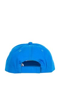 Blue cotton baseball cap with a rounded crown, adjustable strap, and stitched detailing on the brim and seams.