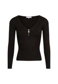 Schwarzes, geripptes Langarmshirt mit V-Ausschnitt und einem silbernen Reißverschlussakzent am Ausschnitt. Enganliegendes Design aus strukturiertem Stoff.