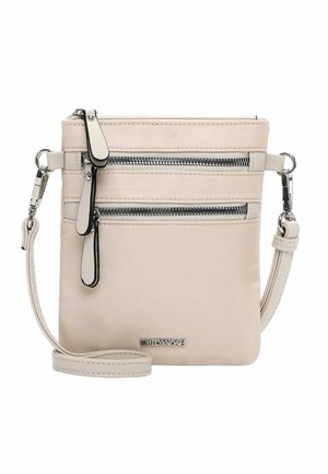 Beige crossbody bag with two front zippered pockets, adjustable strap with metal clasps, and "EMILY & NOAH" logo on the front.