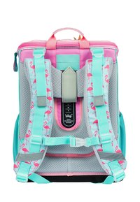 Rucksack mit rosa Flamingo-Muster, grauem Mesh-Gewebe, türkisfarbenen Akzenten, verstellbaren Riemen und einem oberen Griff zum Tragen.