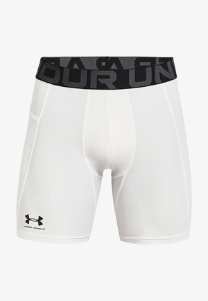 Shorts de sport blancs avec une taille élastique noire portant le logo "Under Armour". Fabriqués en matériau lisse et extensible pour le confort.