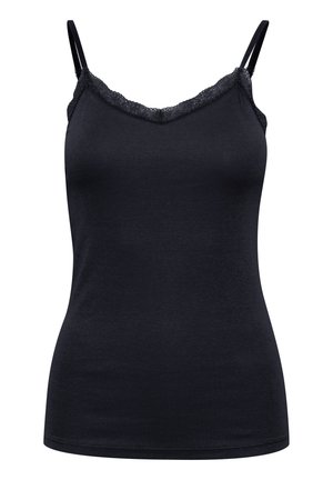 Czarna koszulka na ramiączkach z dekoltem w kształcie litery V, koronkowym wykończeniem przy dekolcie, cienkimi regulowanymi ramiączkami i miękką prążkowaną teksturą na całej powierzchni.
