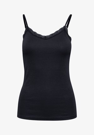 Sort camisole med V-hals, blondekant langs halsudskæringen, tynde justerbare stropper og en blød ribbet tekstur over det hele.