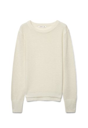 Maglione lavorato a maglia color crema con maniche lunghe e polsini, orlo e scollo a coste, taglia piccola.