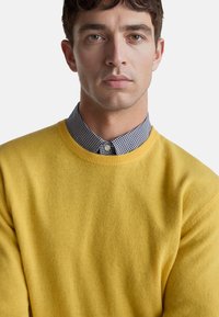 Žlutý svetr z měkké látky s kulatým výstřihem, nošený přes černobílou kostkovanou košili s knoflíkovým límcem.