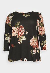 Black long-sleeve top featuring a floral pattern with roses and greenery. Soft fabric with a relaxed fit and rounded neckline.