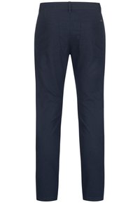 Dunkelblaue Baumwollhosen mit geradem Schnitt, ausgestattet mit zwei Gesäßtaschen und einem Bund. Glatte Textur, schlichtes Design und keine sichtbaren Muster.
