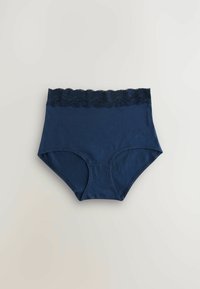 Tamno plave hlace visokog struka s crnim čipkastim rubom na struku, napravljene od mekog, elastičnog materijala, s glatkom teksturom.