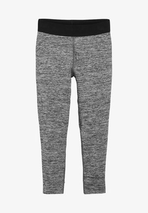 Leggings grigi elasticizzati con una vita elastica nera, caratterizzati da una texture melange e una forma aderente.