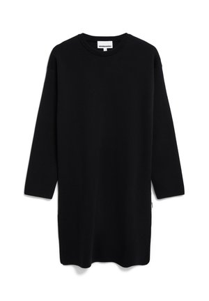 Schwarzes Langarmkleid aus weichem Stoff, mit rundem Ausschnitt und geradem Schnitt, der seitliche Schlitz für Bewegungsfreiheit bietet.