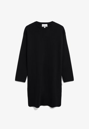Schwarzes Langarmkleid aus weichem Stoff, mit rundem Ausschnitt und geradem Schnitt, der seitliche Schlitz für Bewegungsfreiheit bietet.