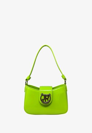 Borsa a mano in pelle verniciata verde neon con forma arrotondata, accessori in metallo argentato e una tracolla corta regolabile. Presenta una chiusura con pattina.