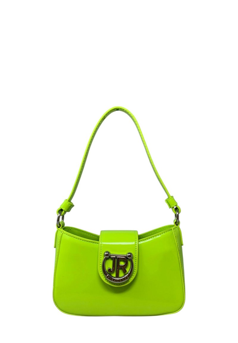 Borsa a mano in pelle verniciata verde neon con forma arrotondata, accessori in metallo argentato e una tracolla corta regolabile. Presenta una chiusura con pattina.