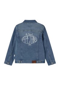Jeansjacke in Hellblau mit einem Rückenaufdruck "The Original Pepe Jeans London." Verfügt über Metallbeschläge und Innenstitching-Details.