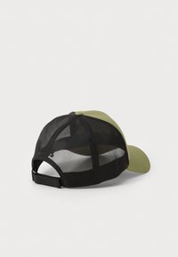 Grønn og svart nett caps med bøyd skygge, som har en plast snapback-lukking og en logo på siden. Teksturlaget vevd design.