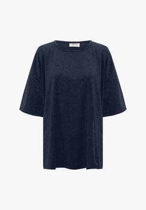 Dark navy short-sleeve top with a rounded neckline, made from soft, smooth fabric. Features loose fit and minimal detailing on the body.