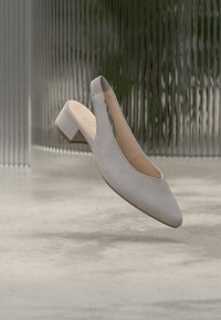 Grijze suède slingback schoen met een spitse neus en een bescheiden hak, die een gladde textuur en een minimalistisch ontwerp toont.
