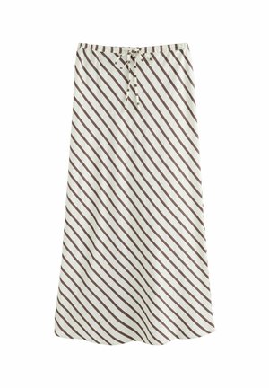 White skirt with diagonal brown stripes and an elastic waistband featuring a tied drawstring at the front.