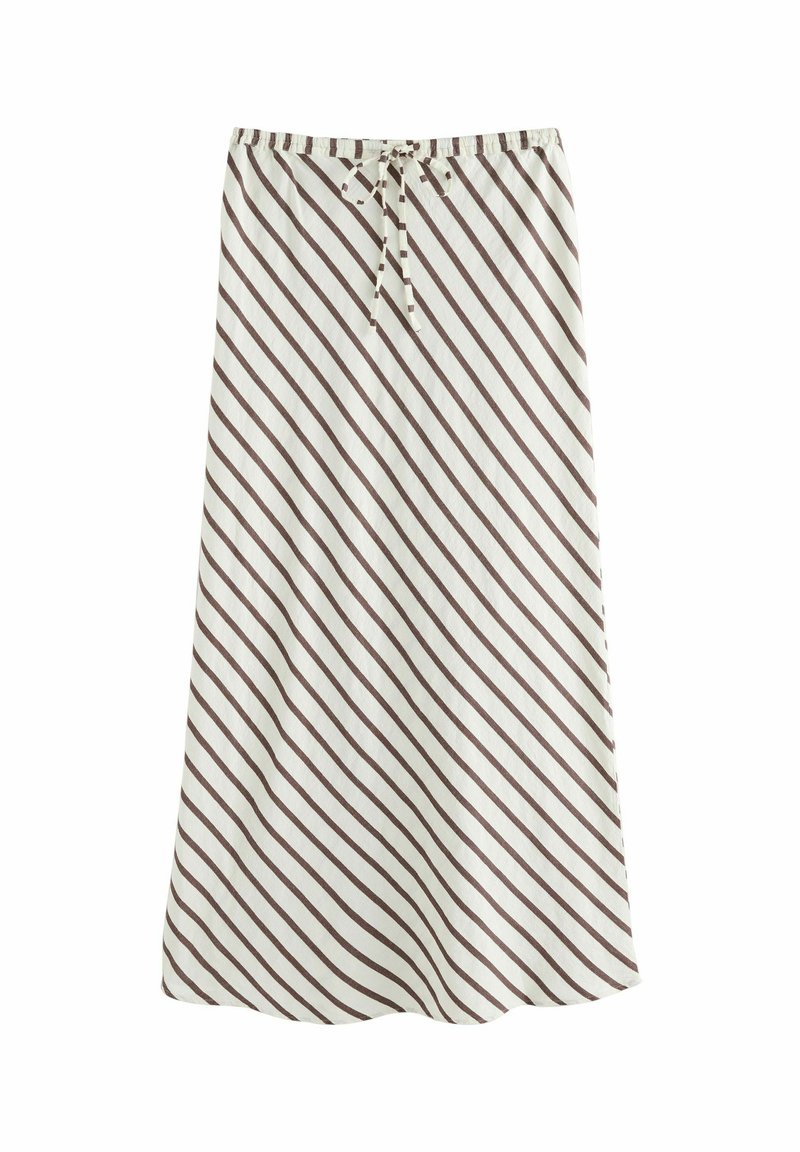 White skirt with diagonal brown stripes and an elastic waistband featuring a tied drawstring at the front.