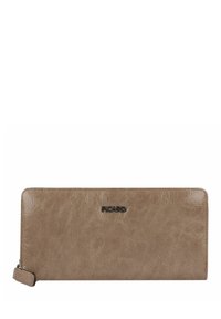 Portafoglio sintetico beige, texturizzato con una finitura liscia, caratterizzato da un accento logo argento e una linguetta con zip. Design rettangolare compatto.
