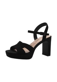 Sandal de tacón alto de ante negro con plataforma, correa en el tobillo y diseño entrecruzado en la parte delantera. Tacón cuadrado y plantilla suave.