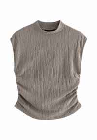 Ljust grått texturerat linne med hög krage, korta ärmar och samlad detalj vid sidorna, tillverkat av ett mjukt, elastiskt material.