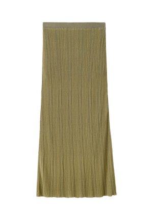 Jupe tricotée vert olive avec texture côtelée verticale et taille élastique, présentée à plat sur fond blanc.