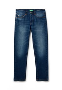 Granatowe dżinsy o prostym kroju, pięć kieszeni, kontrastowe pomarańczowe szwy i zamek błyskawiczny z zapięciem na guzik.