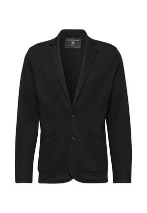 Blazer nero con tessuto strutturato, dotato di chiusura a due bottoni, revers a punta e due tasche frontali. Senza motivo visibile o dettagli decorativi.