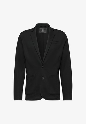 Zwarte blazer van een gestructureerde stof, met een twee-knoops voorkant, ingeknipte revers en twee voorzakken. Geen zichtbare patronen of accenten.