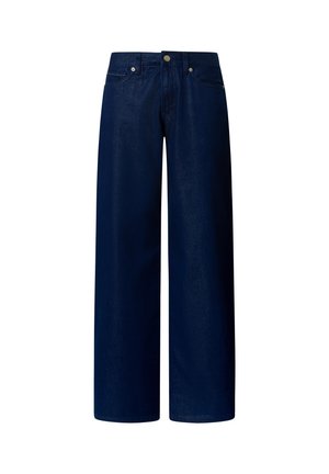 Navy blue wide-leg jeans in denim fabric. Features a button closure and front pockets, with a smooth texture and minimal detailing.