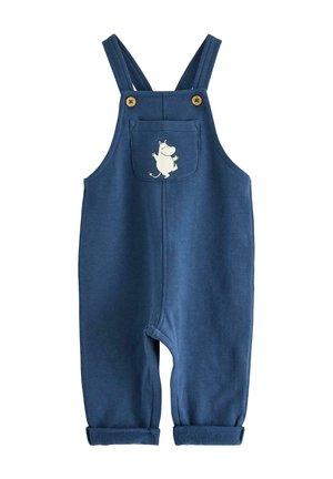 Marineblaue Baumwoll-Overalls mit verstellbaren Trägern, ausgestattet mit einer Fronttasche und einem weißen Cartoon-Charakter, der auf der Brusttasche gedruckt ist.