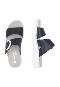 Navy blue sandals featuring two wide straps and a decorative buckle. Comfortable grey insole and a white rubber sole with textured grip.