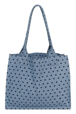 Zila auduma iepirkumu soma ar melnu sirds rakstu un divām plecu siksnām, taisnstūra forma, bez redzamām aizdares vai kabatām.