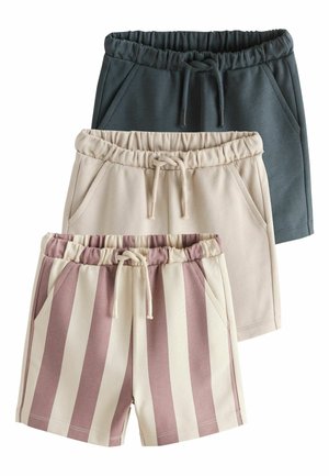 Three pairs of shorts: one dark gray, one solid beige, and one striped in pale cream and dusty rose. Each features an elastic waistband and pockets.