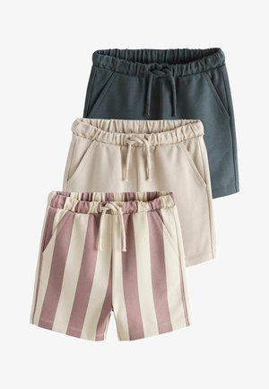 Tre par shorts: et mørkegråt, et ensfarvet beige og et med striber i lys creme og støvet rosa. Hvert par har elastisk talje og lommer.