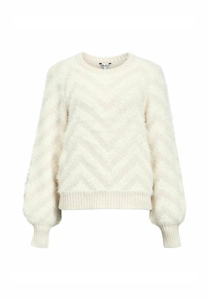 Suéter blanco y peludo con un patrón en chevron, cuello redondo y puños y dobladillo acanalados. Textura suave con un ajuste ligeramente holgado.