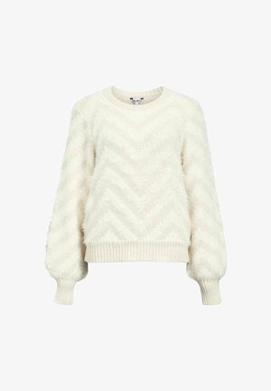 Beli puhasti pulover z vzorcem chevron, okroglim izrezom in rebrastimi manšetami ter robom. Mehka tekstura z rahlo večjim krojem.