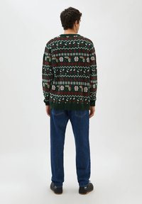 Pull vert avec motifs festifs en rouge, blanc et noir, doté d'un col rond et de poignets côtelés. Porté avec un jean bleu et des chaussures noires.
