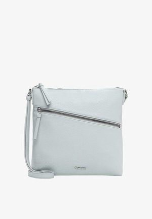 Hellgraue Leder-Umhängetasche mit diagonaler Frontreißverschlusstasche, silbernen Beschlägen und verstellbarem Schulterriemen.