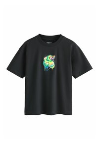 Schwarzes Baumwoll-T-Shirt mit kurzen Ärmeln, das auf der Brust eine bunte Grafik eines grünen Gummienten mit Sonnenbrille zeigt.