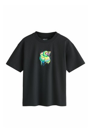 Zwart katoenen T-shirt met korte mouwen, met een kleurrafisch van een groene rubberen eend met een zonnebril op de borst.