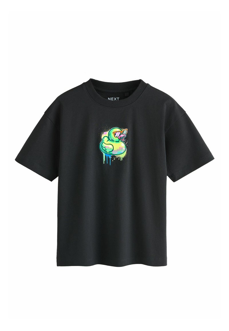 Schwarzes Baumwoll-T-Shirt mit kurzen Ärmeln, das auf der Brust eine bunte Grafik eines grünen Gummienten mit Sonnenbrille zeigt.