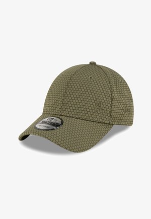 Olive green baseball cap with a textured hexagonal pattern, curved brim, and adjustable strap, featuring subtle "LA" logo embroidery.