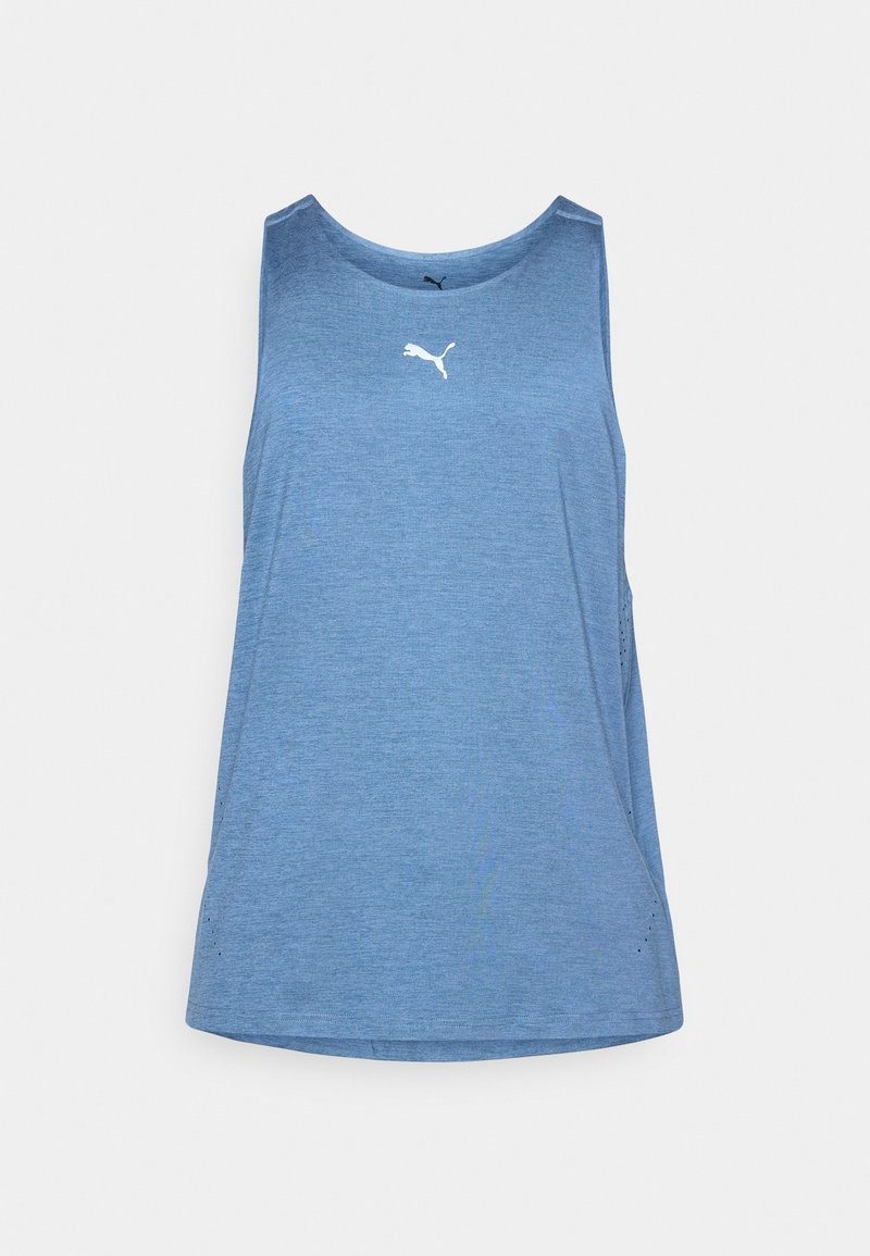 Débardeur sportif bleu sans manches avec logo Puma blanc centré près de l'encolure sur un fond uni clair.