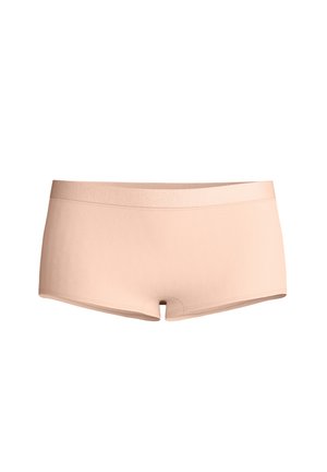 Light beige seamless women's boyshort underwear with elastic waistband and smooth fabric.