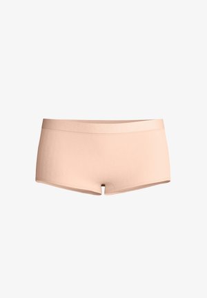 Light beige seamless women's boyshort underwear with elastic waistband and smooth fabric.